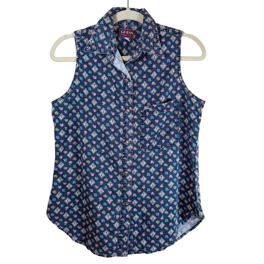 VTG Guess USA Sleeveless Snap Front Top Women's Small Blue Floral Cotton Western